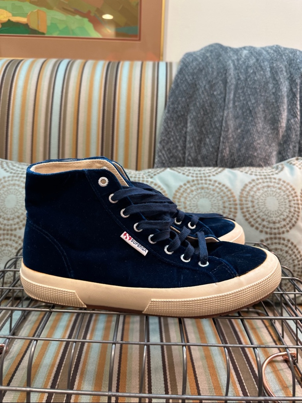 Superga Navy Velvet High-Top Sneakers with Cream Sole